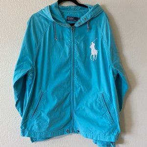 Vintage POLO Ralph Lauren Swimwear Beach Jacket XL Big Pony Blue Full Zip Hood